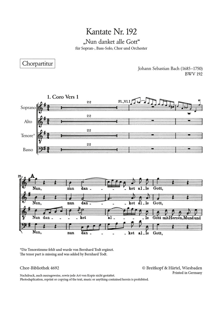 Cantata, BWV.192 Nun danket alle Gott (Choral score)
