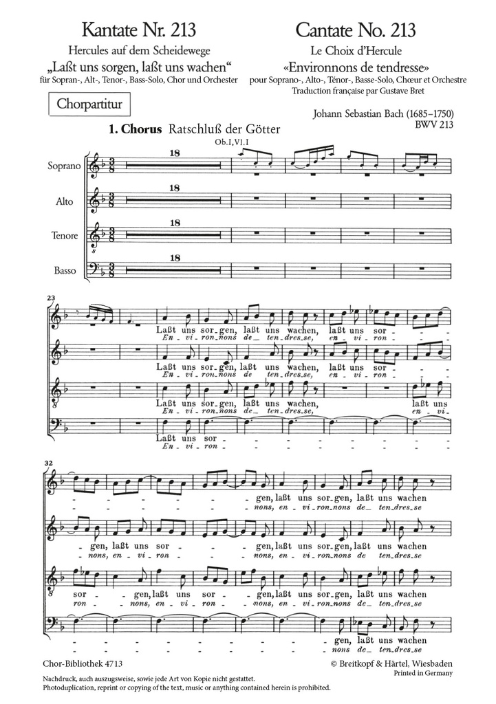 Cantata, BWV.213 Lasst uns sorgen, lasst uns wachen (Choral score)