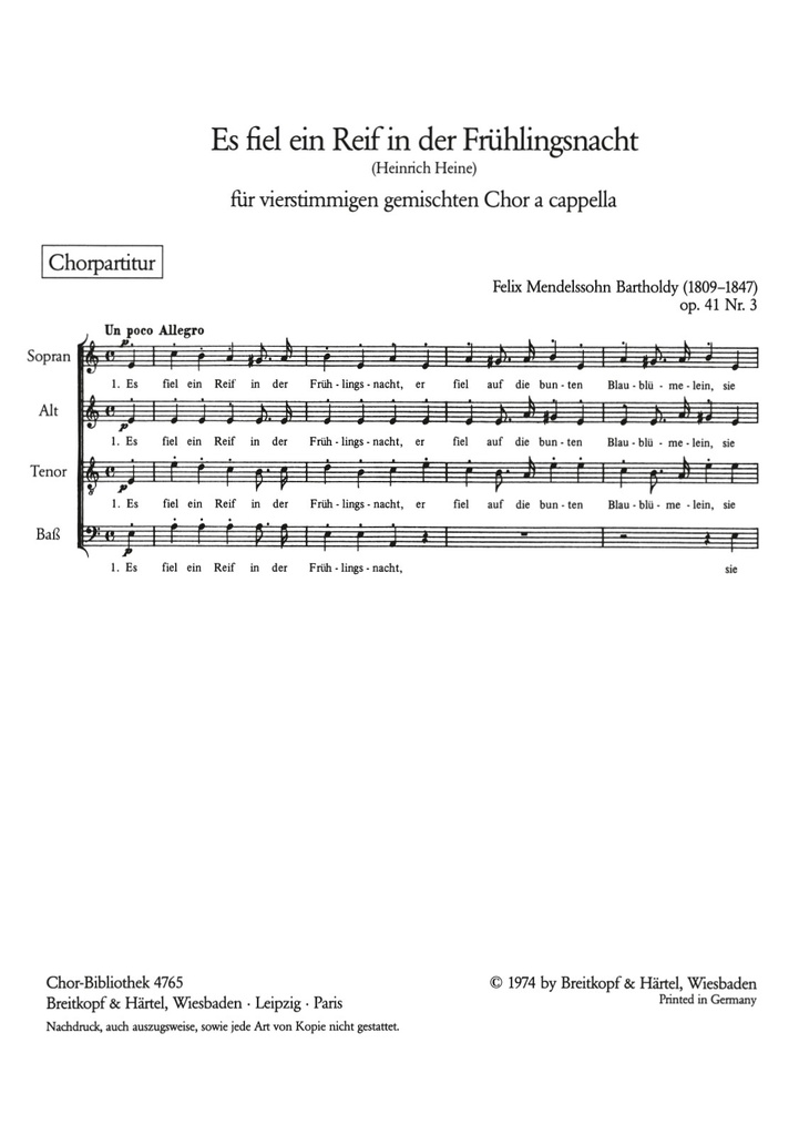 6 Lieder, Op.41 (Choral score) 3. Es fiel ein Reif MWV F 5