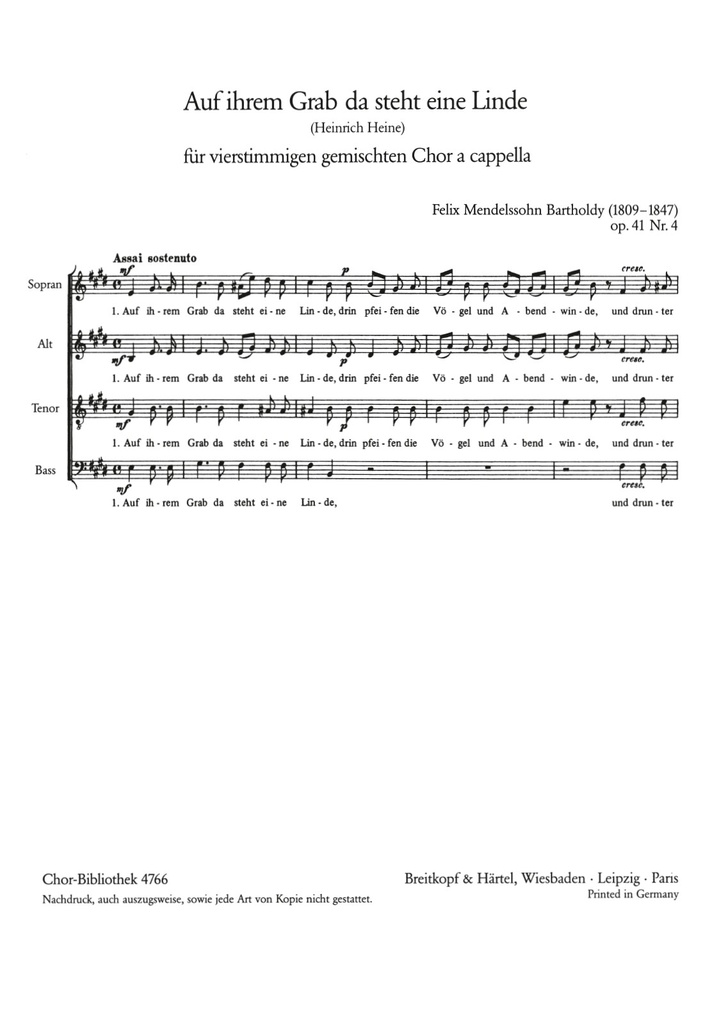 6 Lieder, Op.41 (Choral score) 4. Auf ihrem Grab da steht eine Linde MWV F 6