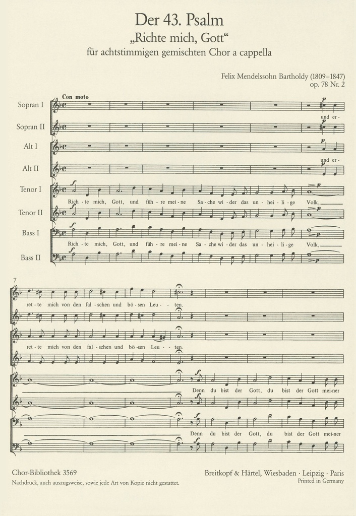 3 Psalms (Op. 78) (Choral score) 2. Der 43. Psalm ""Richte mich, Gott"" MWV B 46
