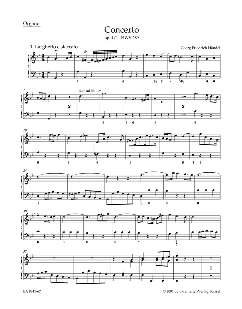 Concerto for Organ, Op.4/1 HWV.289 (Organ solo)