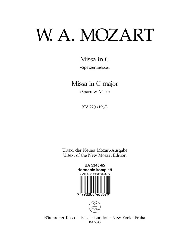 Missa C major, KV.220 (196b) 'Sparrow Mass' (Wind parts)
