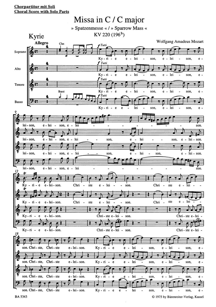 Missa C major, KV.220 (196b) 'Sparrow Mass' (Choral score)