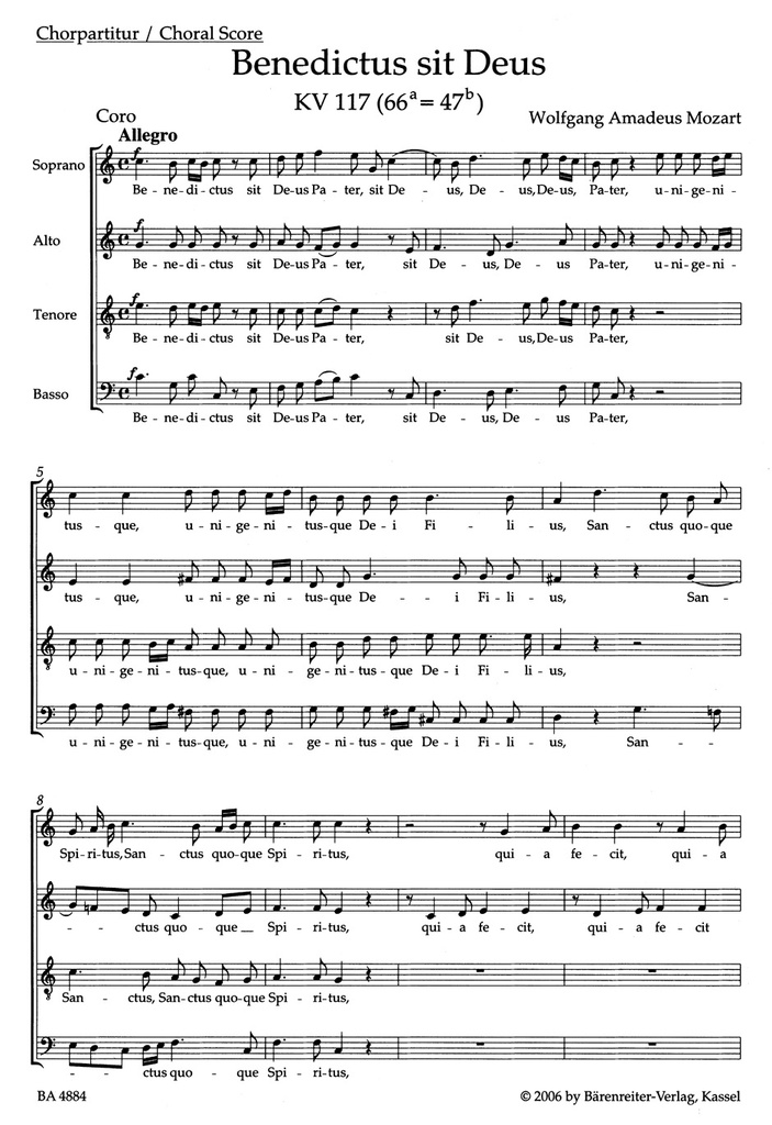 Benedictus sit Deus, KV.117 (Choral score)