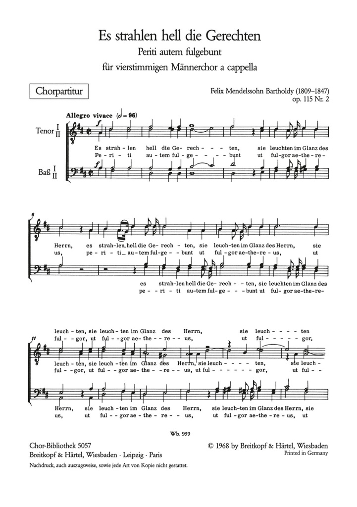 2 geistliche Choere (Op. 115) (Choral score) 2. Periti autem - Es strahlen hell die Gerechten MWV B 29