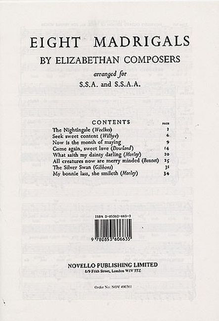 8 Madrigals By Elizabethan Composers